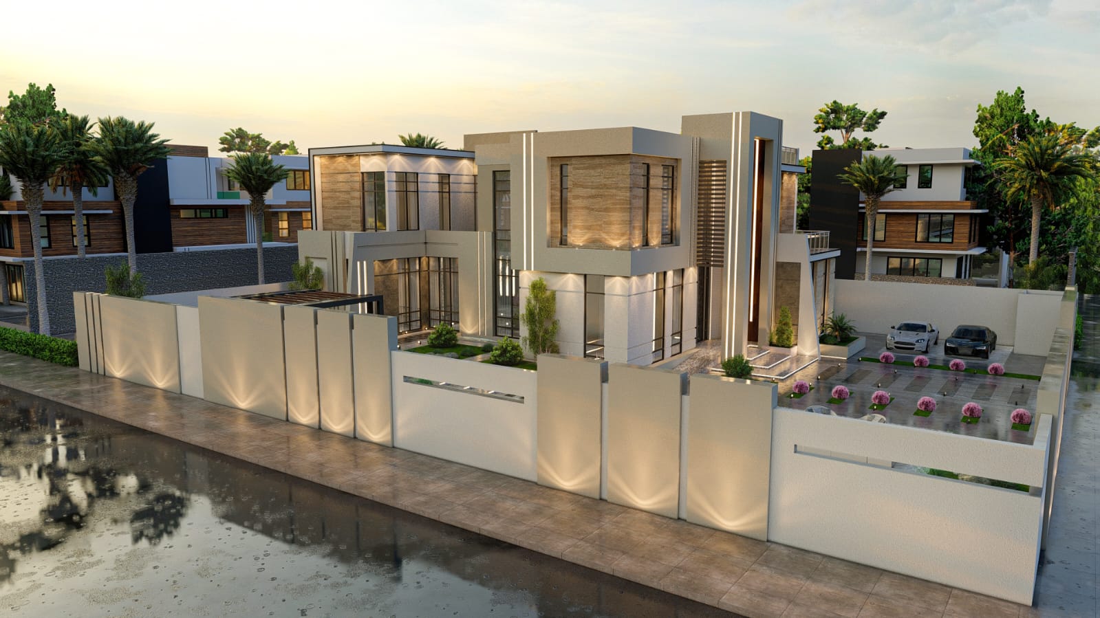 Angled 3D render of a contemporary villa compound with parking court, Al Rahba
