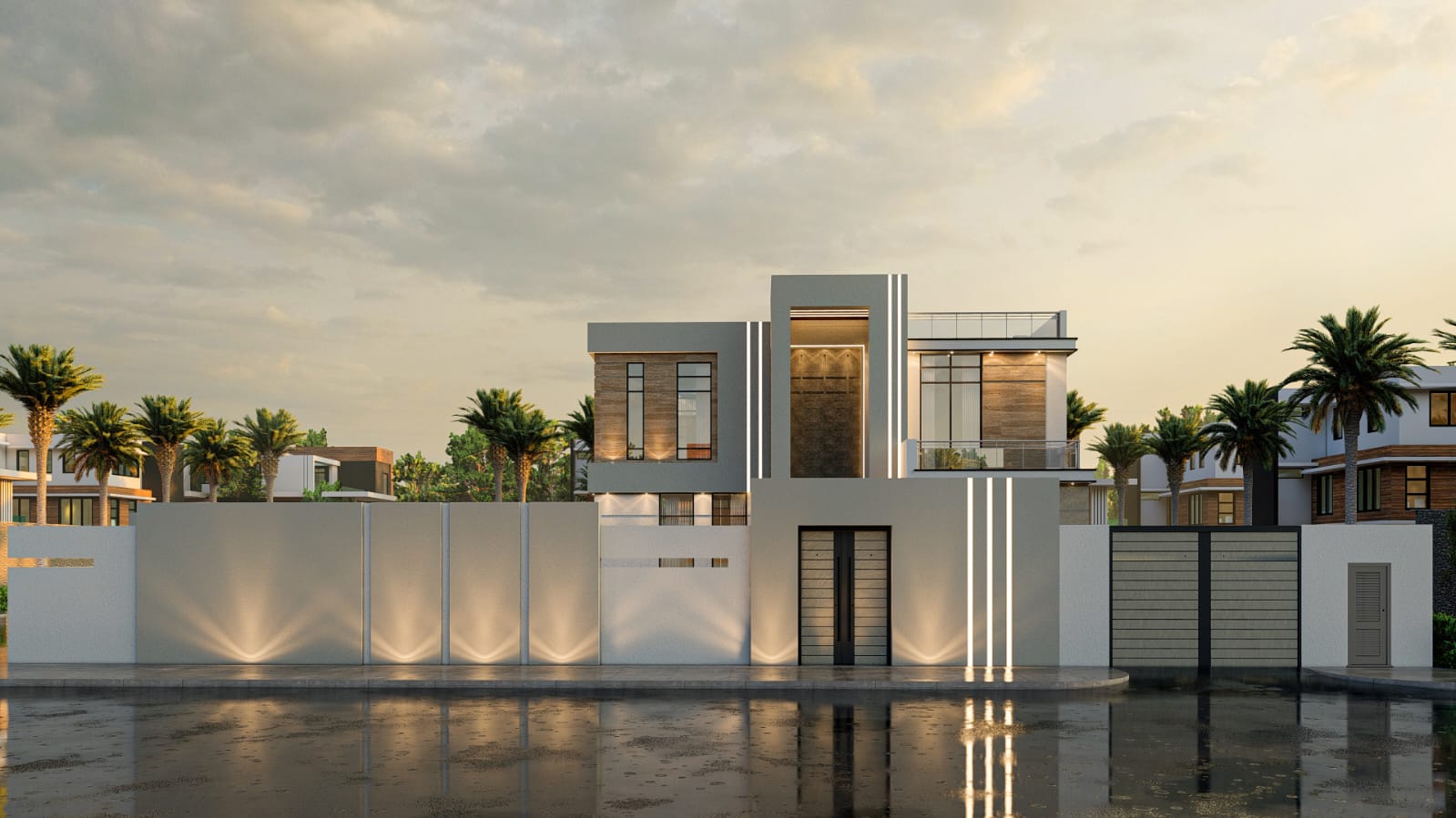 3D render of a contemporary villa boundary wall and gate from the street, Al Rahba