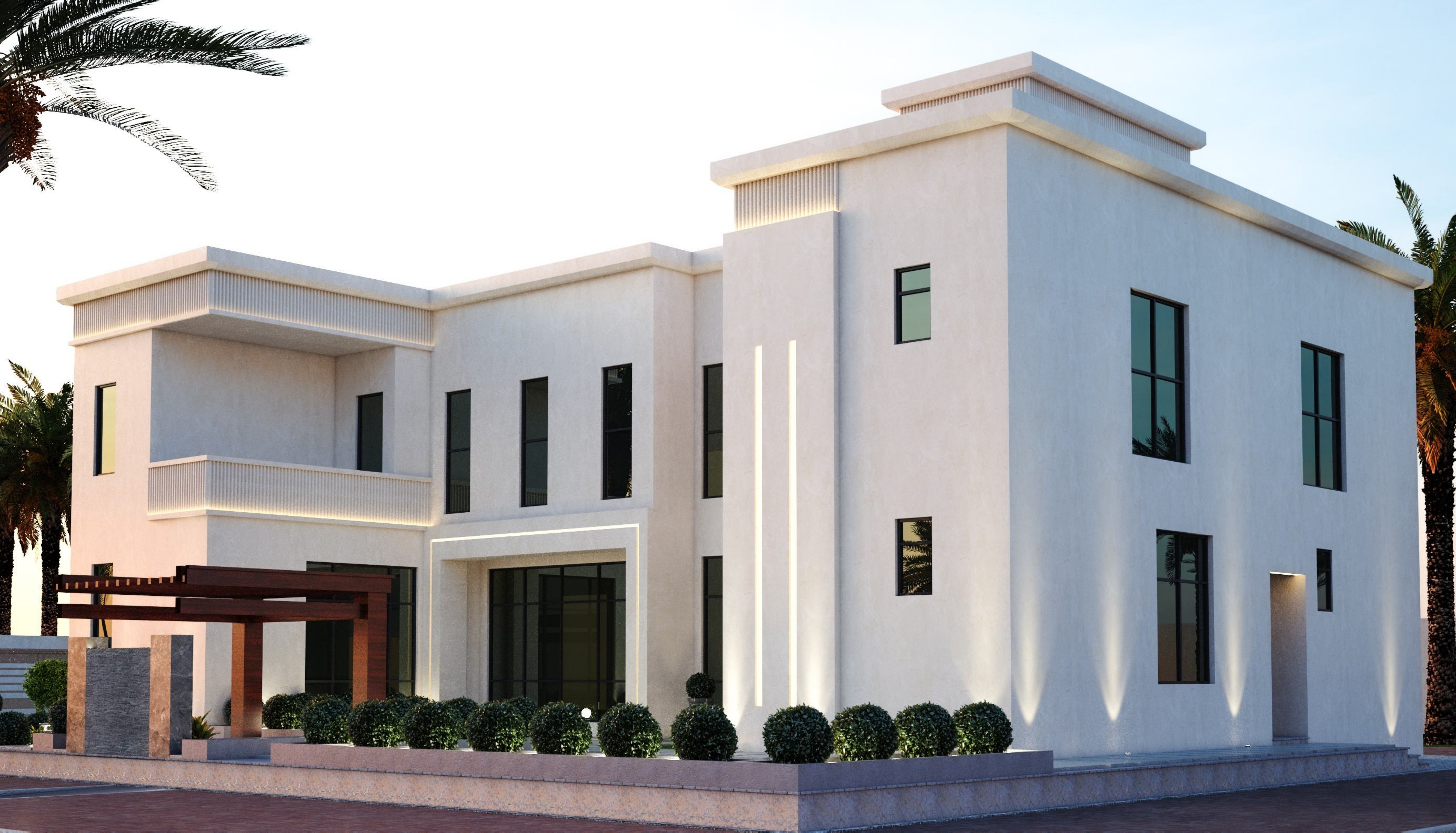 3D render of a villa side elevation with shaded pergola, Shamkha South