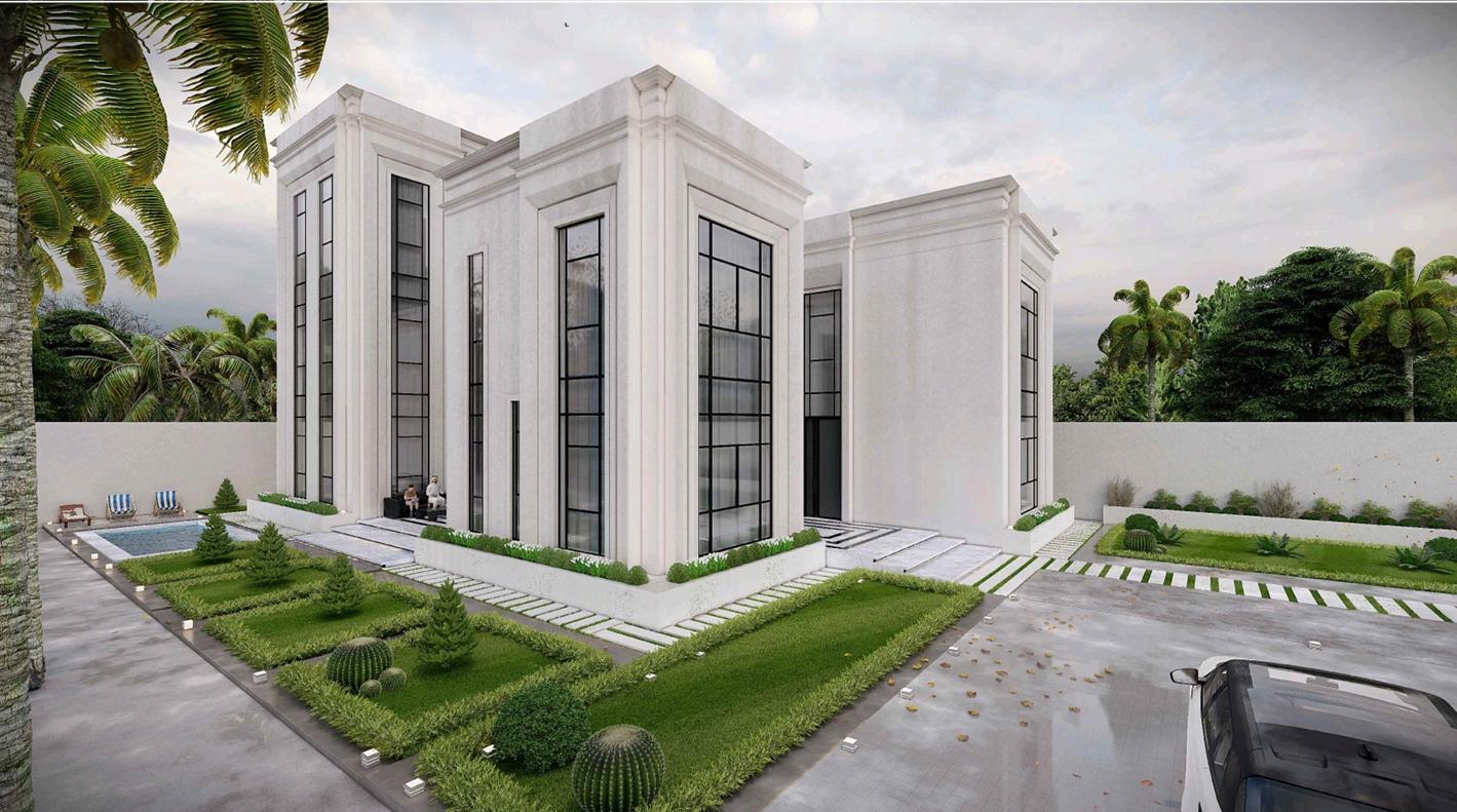 3D architectural render of a classical-style private villa, Shamkha South.